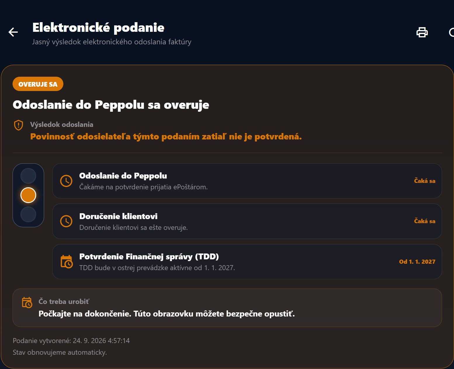 Elektronické podanie v eFakturaPRO: overovanie odoslania do Peppolu a doručenia klientovi